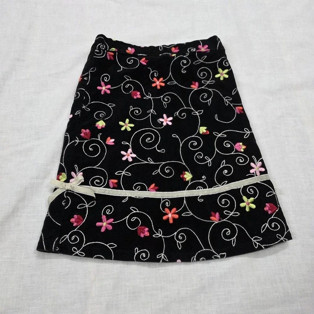 Y2k Children's Place Skirt Girls‎ 6 Vintage Black Velvet Floral Embroidered Bow